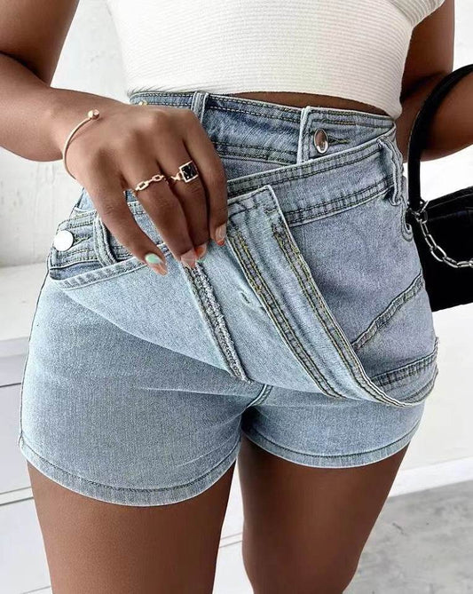 Y2K Street Vintage Denim Shorts Stretch Overlap Waist Wrap Solid Asymmetrical Hem A-Line Skinny Mini Skorts Skirt - Velora
