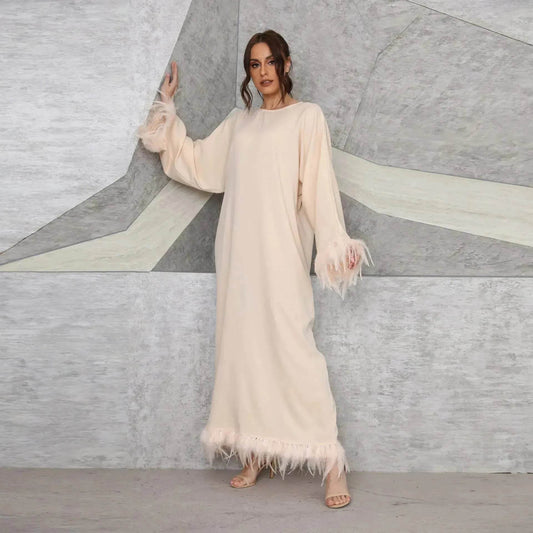 Feather Long Sleeve Middle East Arabic Elegant Round Neck Dress - Velora