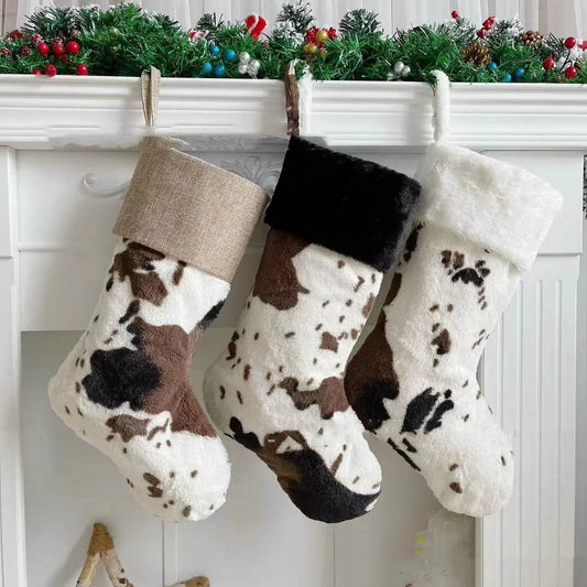 20-inch Plush Christmas Stockings Cows Pattern Gift Bag - Velora