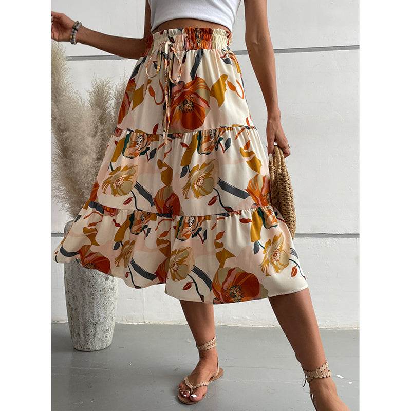 Women's Floral Tiered Midi Skirt Elastic Waist Dressy Casual A-line Flowy Boho Skirts - Velora