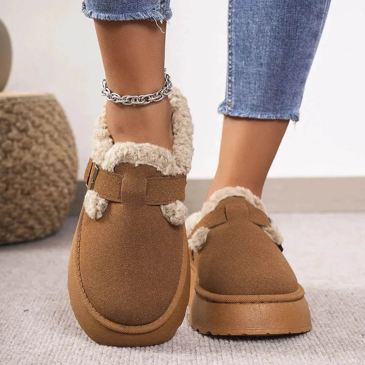 Fashion Thick-soled Plush Buckle Cotton Home platform Winter Slippers Indoor And Outdoor Casual Warm Women Garden Slipper - Velora