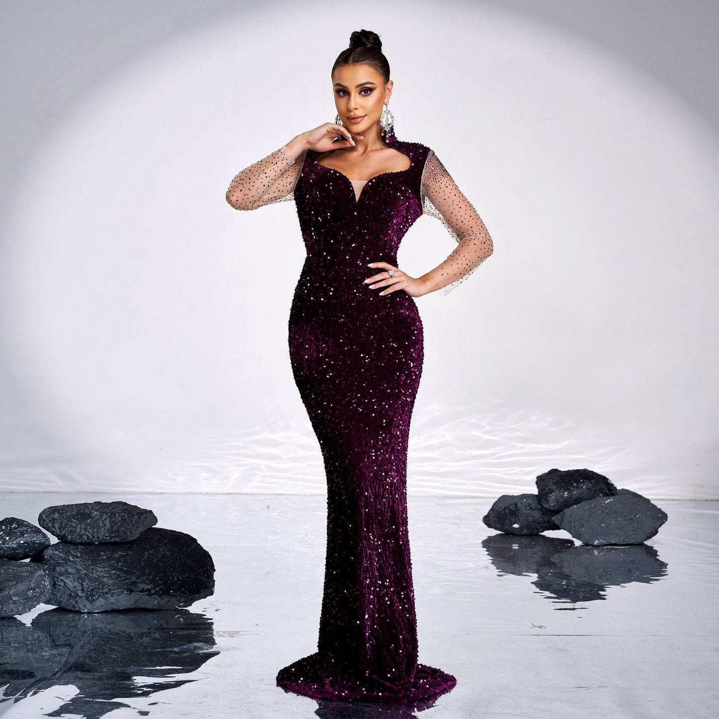 Long Sleeve Banquet Sequined Rhinestone Mermaid Party Dress - Velora