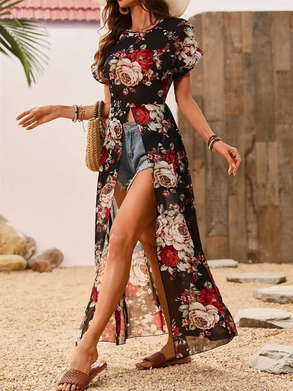 Slit Rose Printed Round Neck Short Sleeve Blouse - Velora