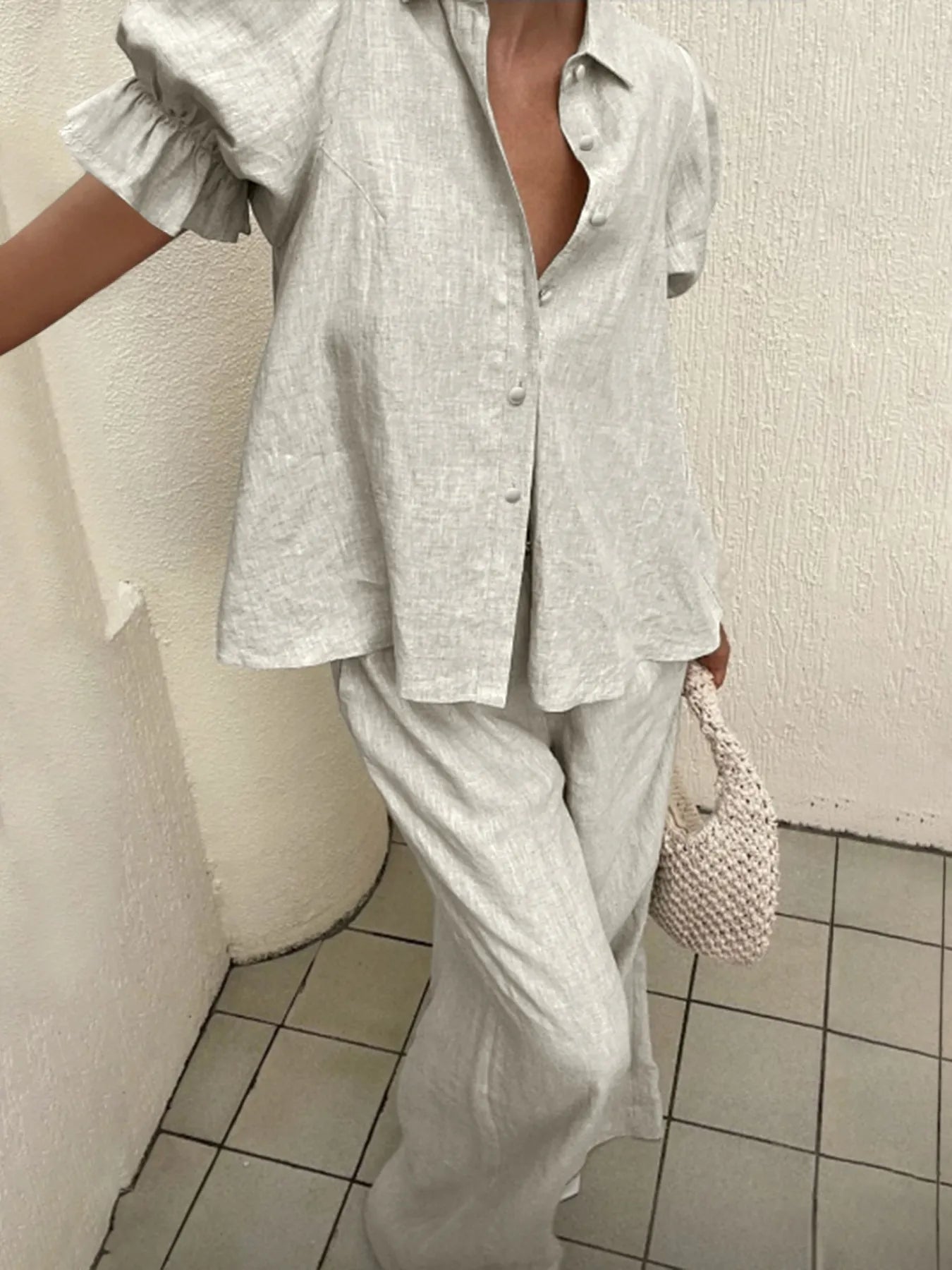 Plus Size Button-Down Shirt and Wide-Leg Pants Set - Velora