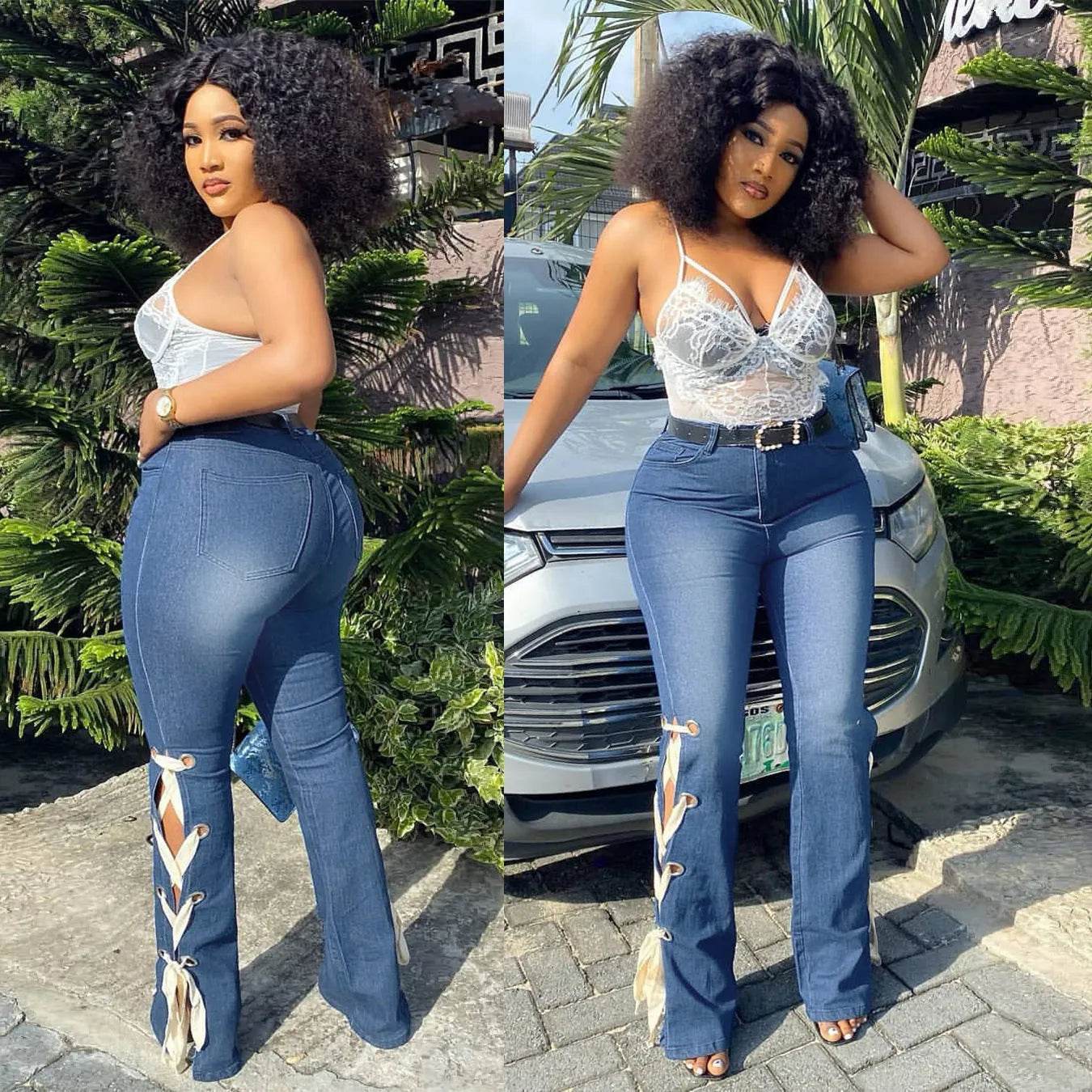 Solid Color Jeans Lace Up Bootcut Trousers - Velora