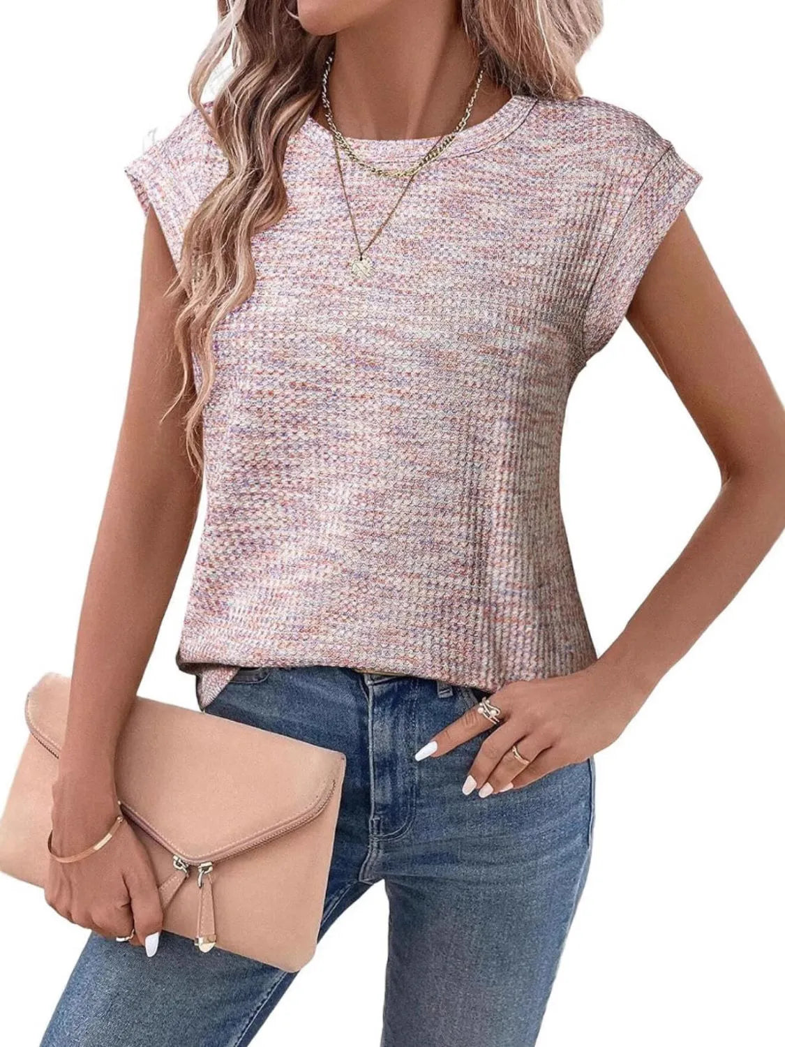 Round Neck Knit Cap Sleeve Top - Velora