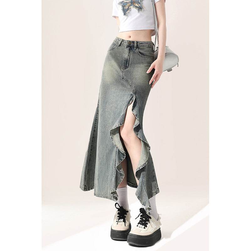 Irregular Half-length Split Denim long Skirt - Velora