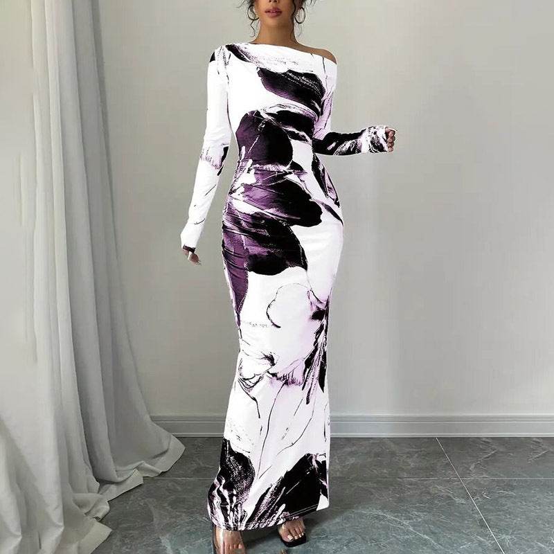 Elegant Long Sleeve Off-Shoulder Tie-Dye Floral Bodycon Dress Stretchy Season Party & Casual Dress - Velora