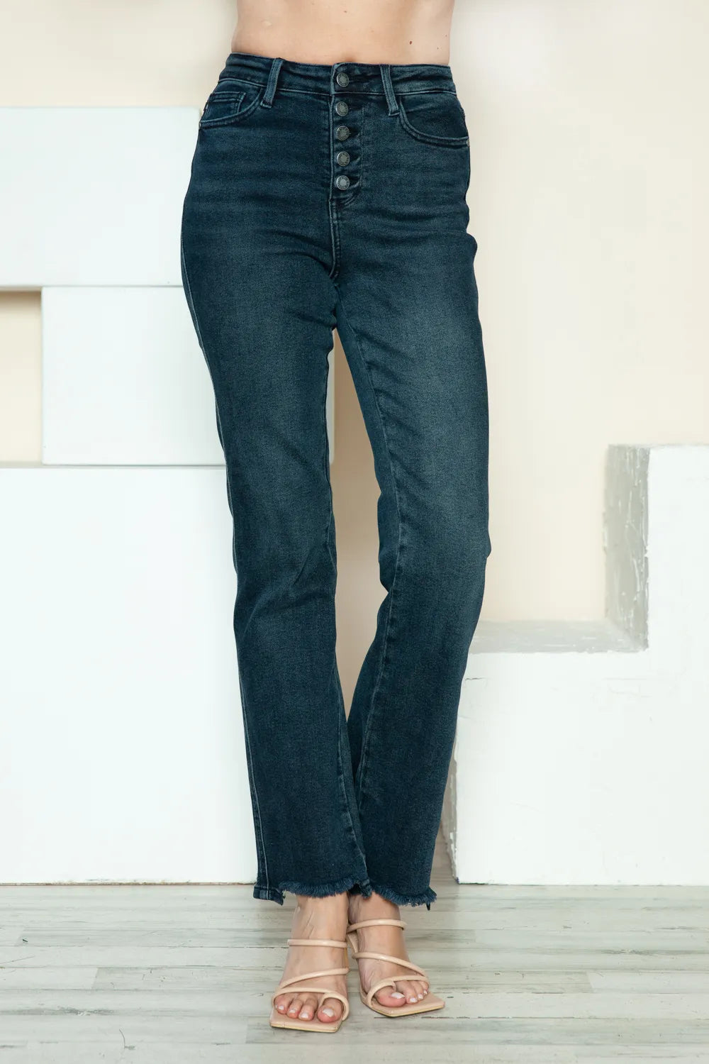 Judy Blue Full Size Button Fly Hem Destroy Straight Jeans - Velora