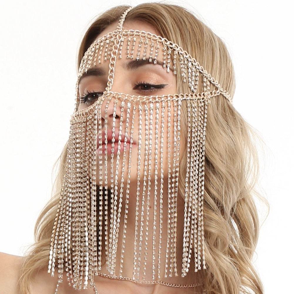 Punk Rhinestone Tassel Fringed Face Mask Head Chains - Velora