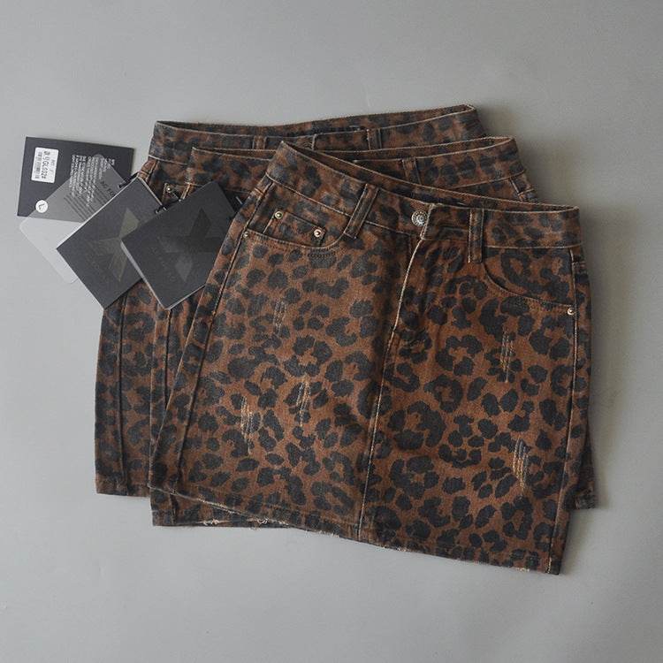 Leopard Print Mini Denim Skirt Women's High Waist Pencil Skirt - Velora