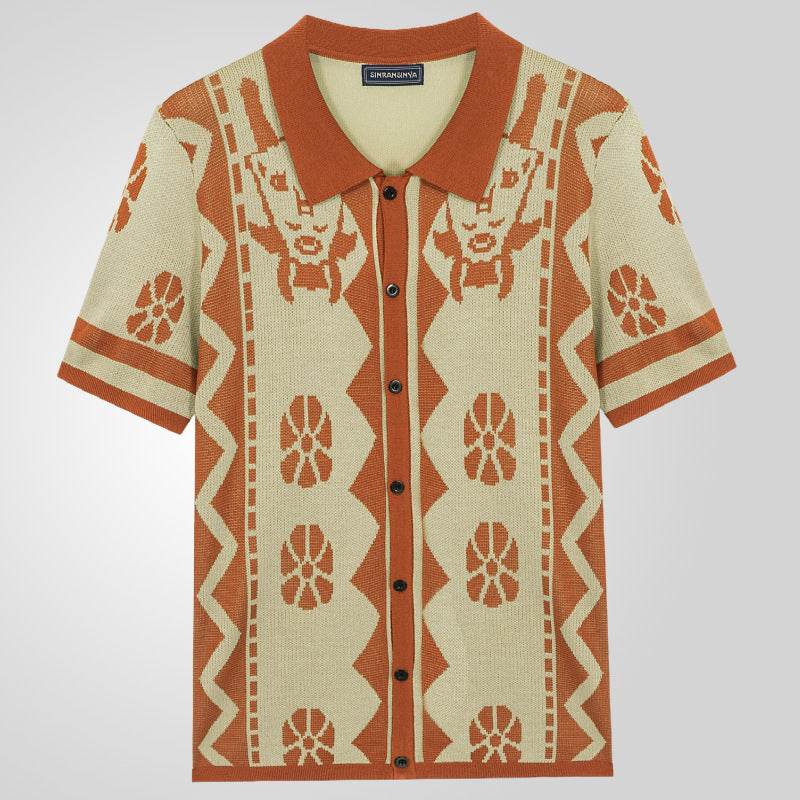 Jacquard Men's Knitted Shirt Lapel Cardigan Short Sleeve Polo Shirt - Velora