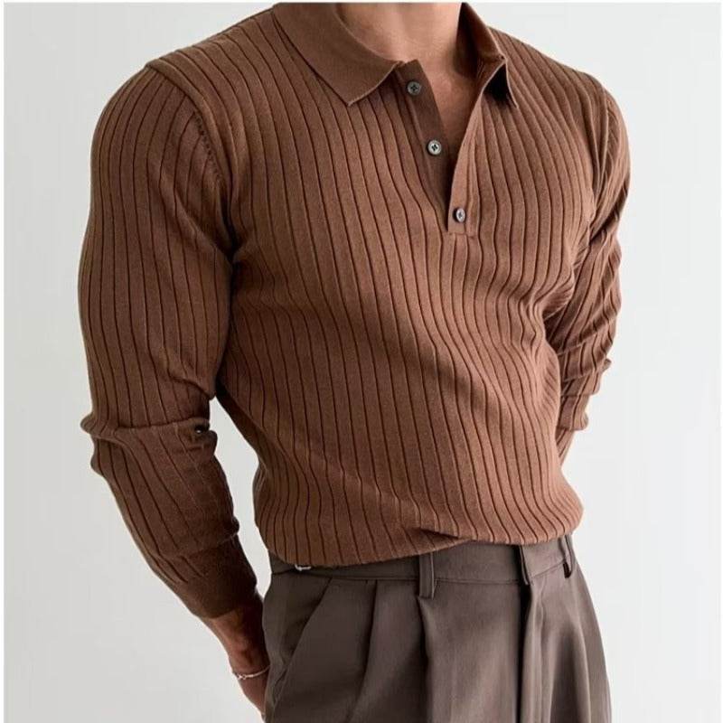 Lapel Button Long Sleeve Polo Shirt Slim Fashion Solid Striped Knitted Bottoming Shirt Top Men's Clothing - Velora