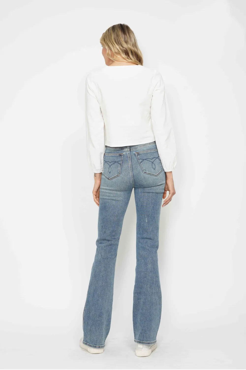 Judy Blue Full Size Tummy Control Back Embroidered Pocketed Bootcut Jeans Plus Size - Velora