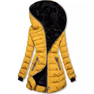 Hooded Warm Fleece Padded Jacket Mid-length Jacket Black Padded Jacket - Velora