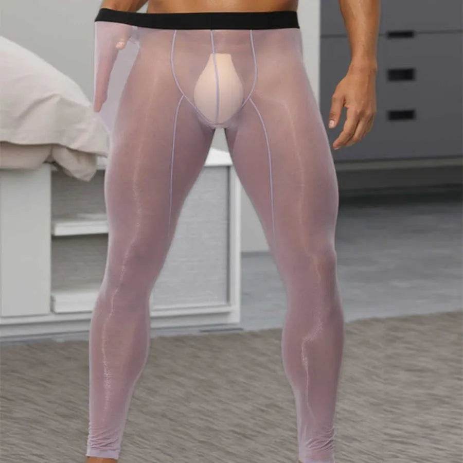 Men's Ultra thin Ice Silk Long John Skinny Flesh Nude Reflective Slim Leggings