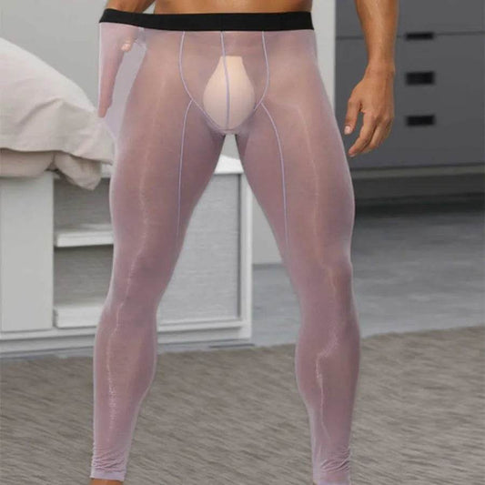 Men's Ultra thin Ice Silk Long John Skinny Flesh Nude Reflective Slim Leggings