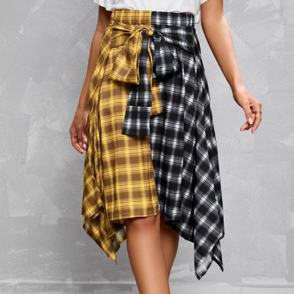 Elegant Irregular Lace-Up Check Midi Skirt street wear fashion Women's Plaid Skirts High Waisted Knot Front Asymmetrical Hem Mini Skater Skirt - Velora