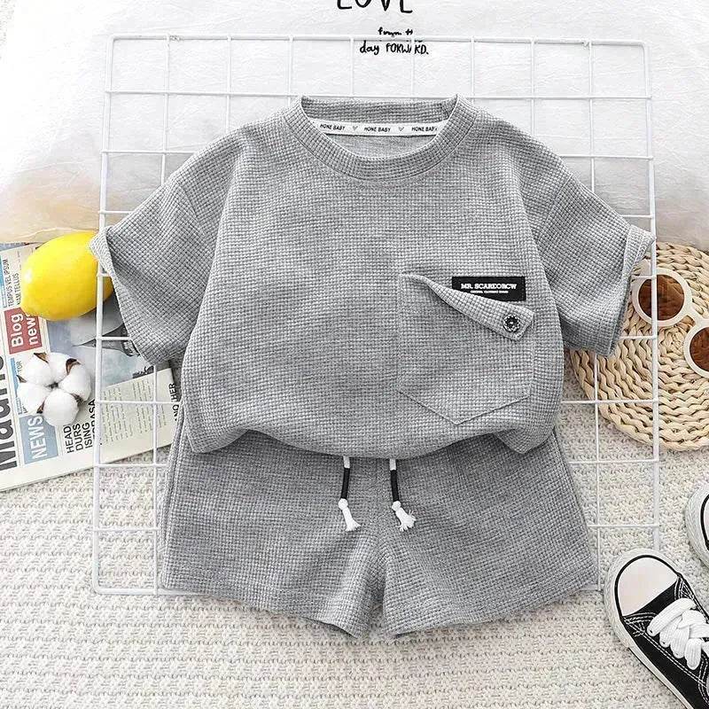 Children's Summer Clothing Casual Plain color Cotton Short Sleeve shirt and Short pant Two-piece Set - Velora