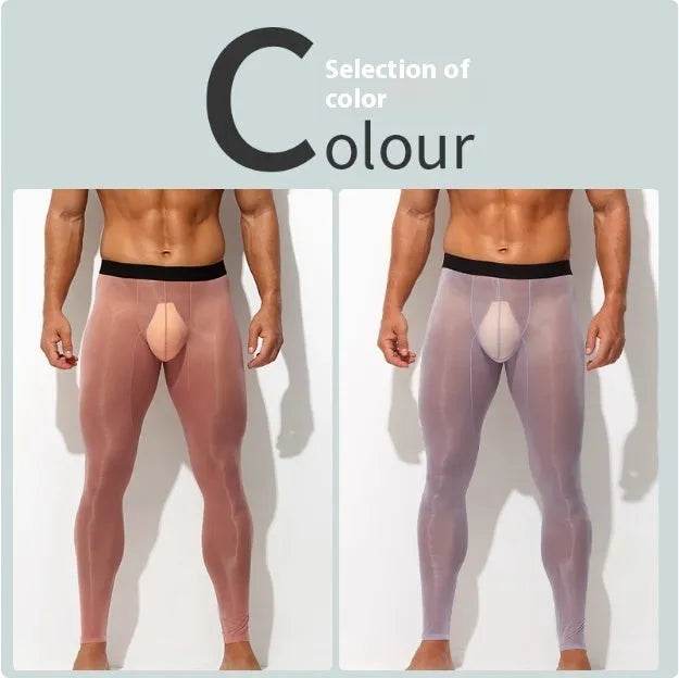 Men's Ultra thin Ice Silk Long John Skinny Flesh Nude Reflective Slim Leggings