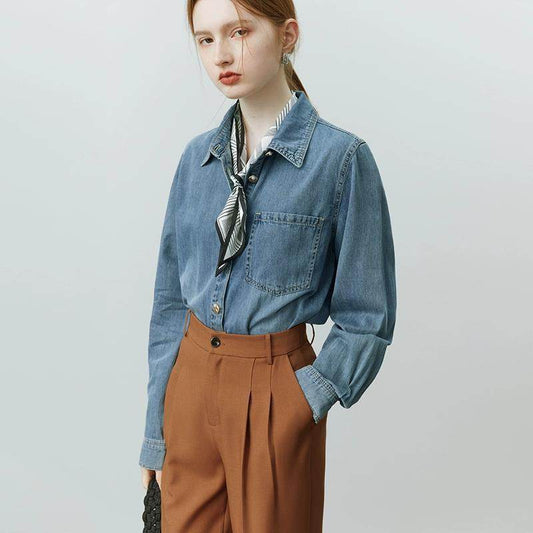 Blue Soft Denim Shirt Jacket Women's Long Sleeve Bandage Denim Dress Top - Velora
