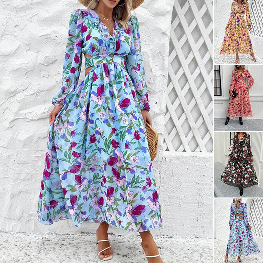 Fashion Florals Print Long Sleeve Dress Casual Holiday Tight-waisted V-neck Dresses Women Clothing - Velora