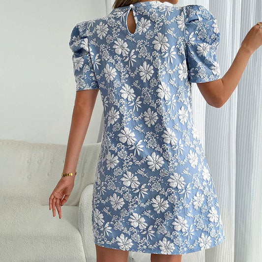 Women's Puff Sleeve A-Line Mini Dress Crew Neck Floral Casual Summer Dress - Velora