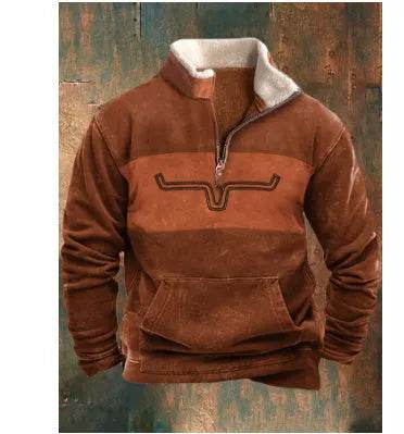 Long Sleeved Half Zippered Printed Casual Pocket Pullover Half Zipper Sweatshirt - Velora