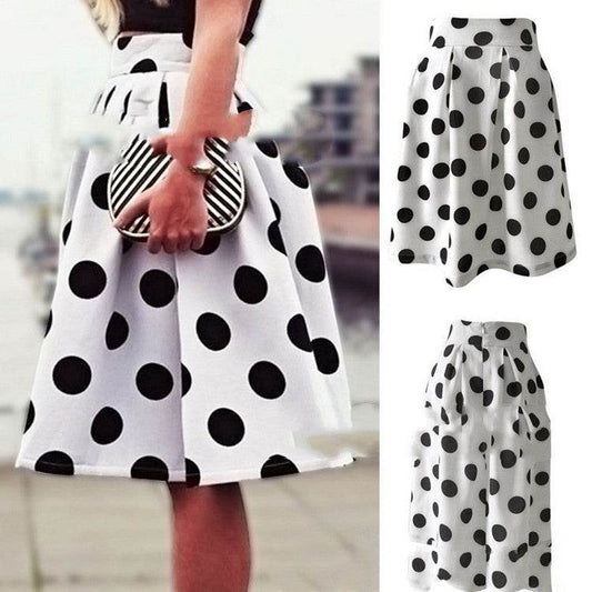 White Polka dot High Waist A-line Pleated Midi Skirt for office work - Velora