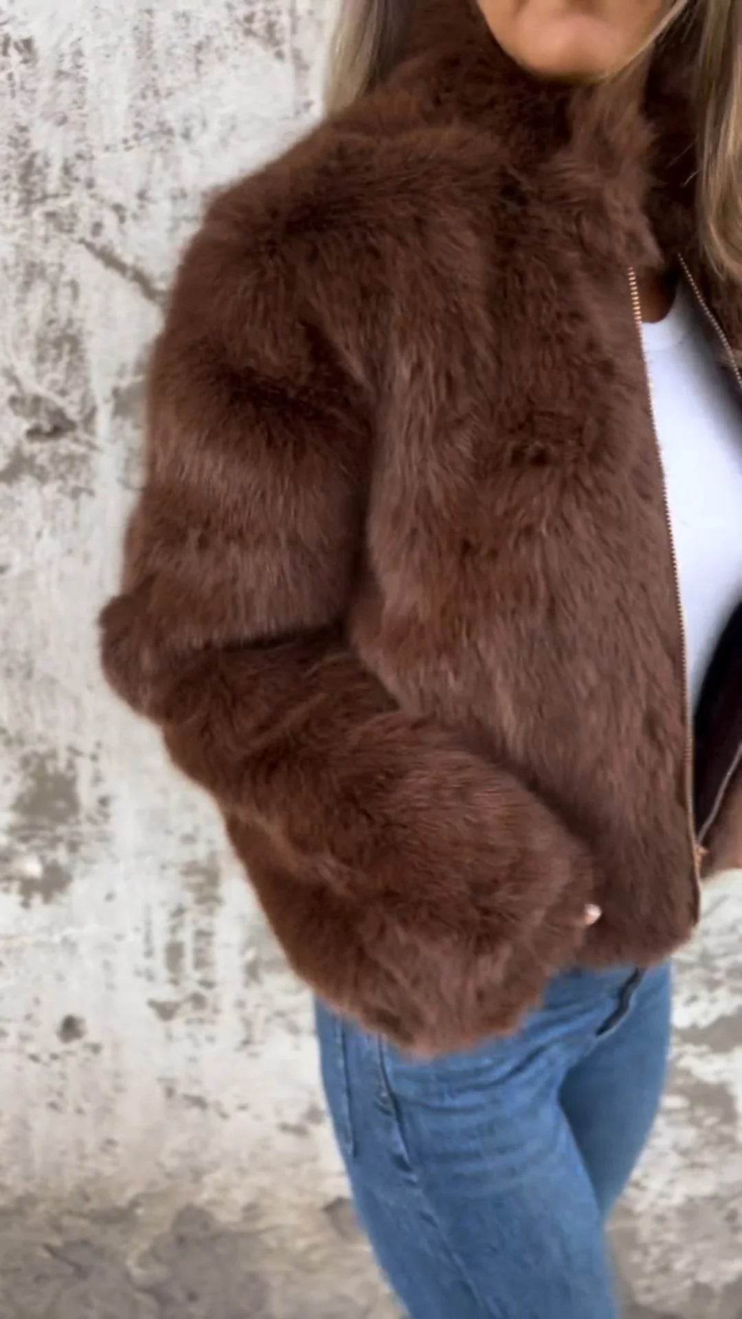 Fashion Stand Collar Plush Jacket Winter Casual Turtleneck Zipper Coat Fleece Tops Women's Clothing - Velora