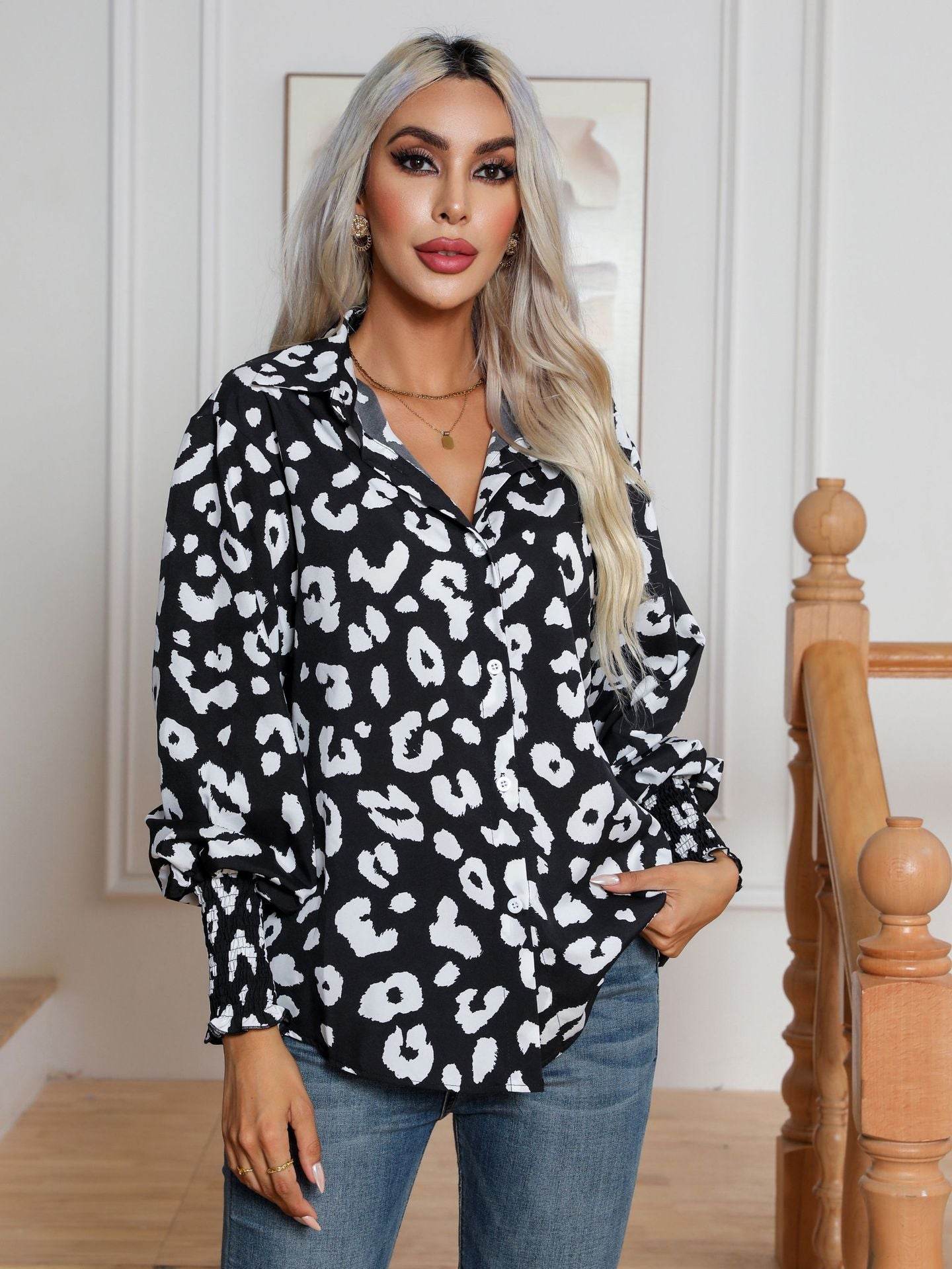 Leopard Print Lantern Sleeve Blouse Shirt top for Women - Velora
