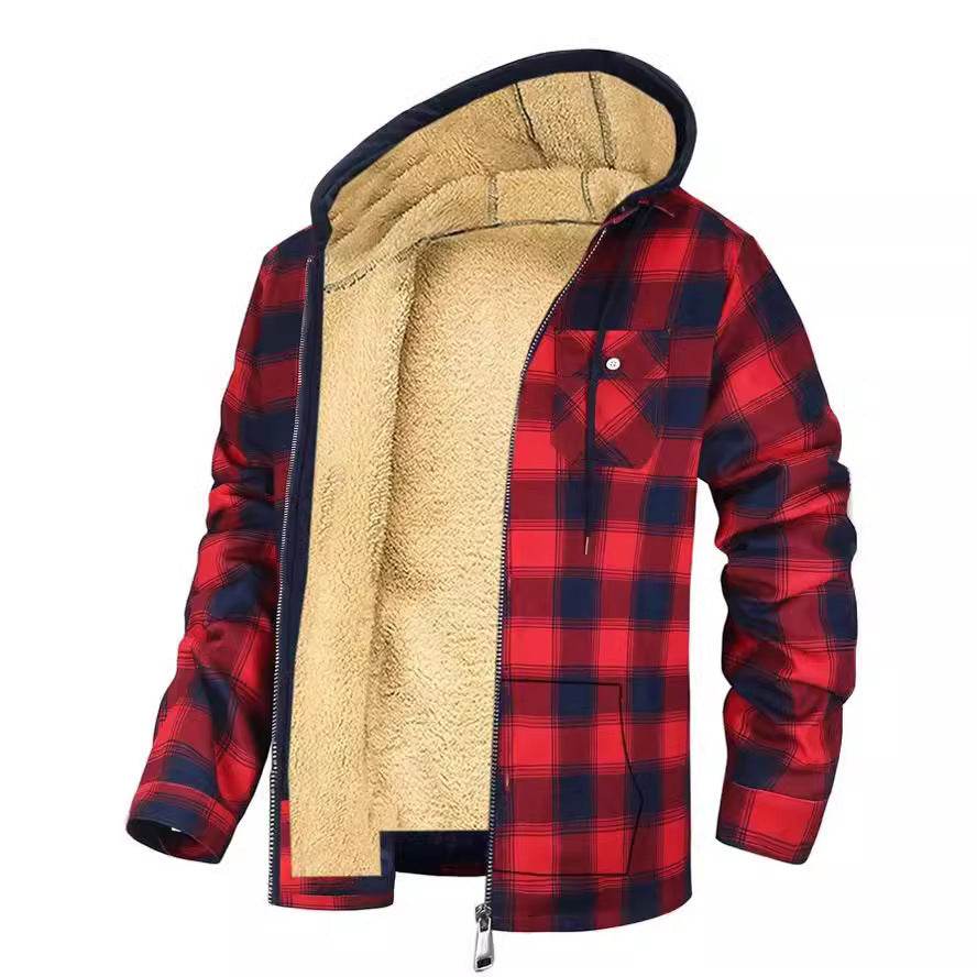 Men's Plaid Print Hooded Zip-Up Jacket Winter Thickened Cotton-padded Coat Warm Clothing - Velora