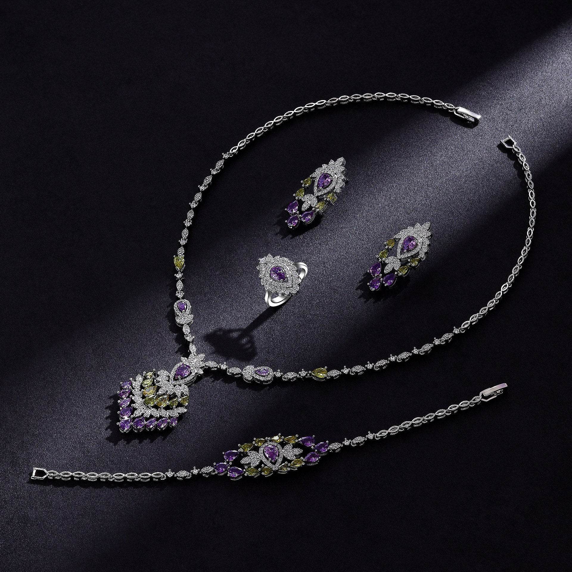 Color Zirconium Necklace Earrings 4-piece Set - Velora