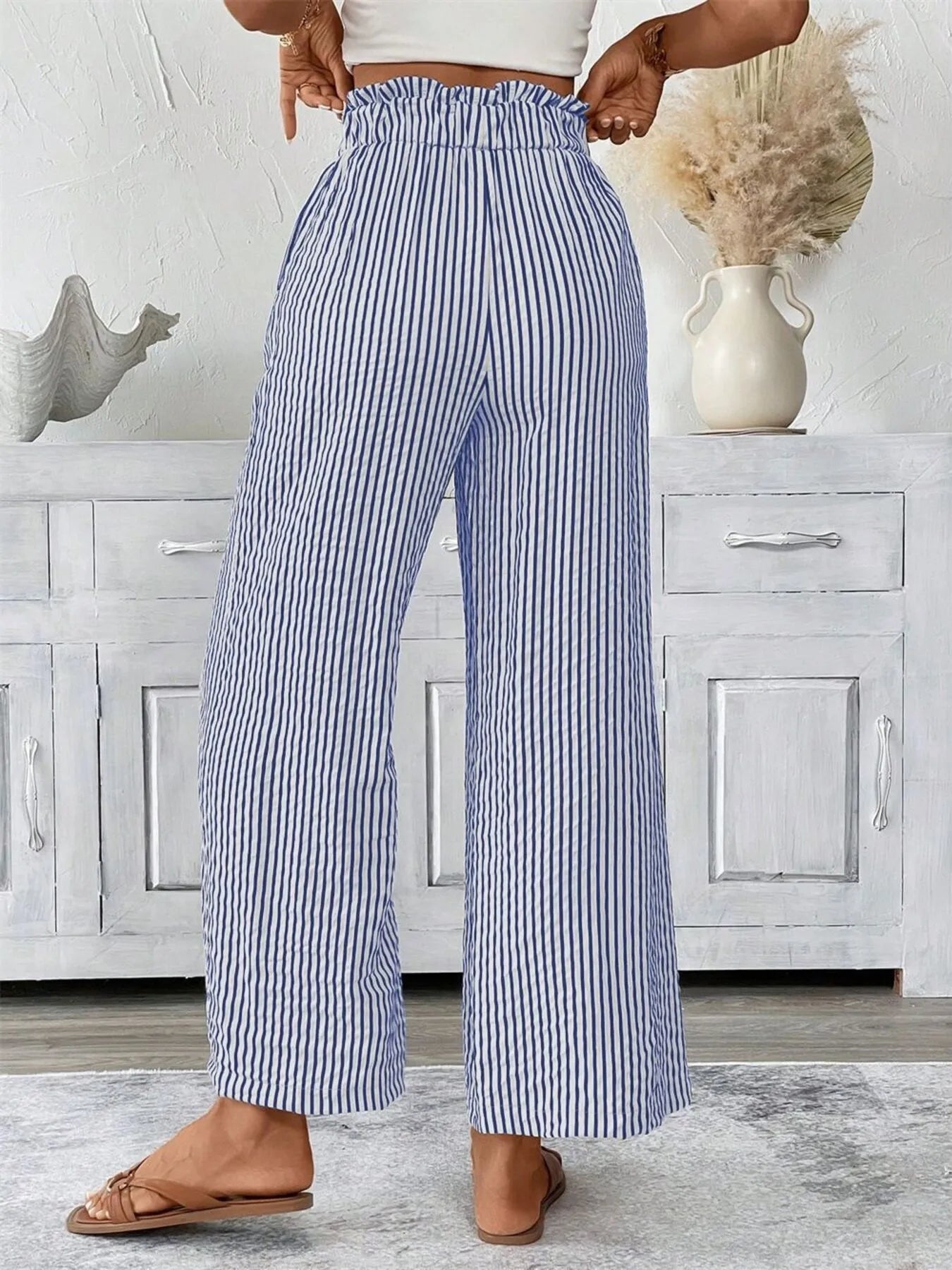 Full Size Striped Wide Leg Paper Bag Pants Plus Size - Velora