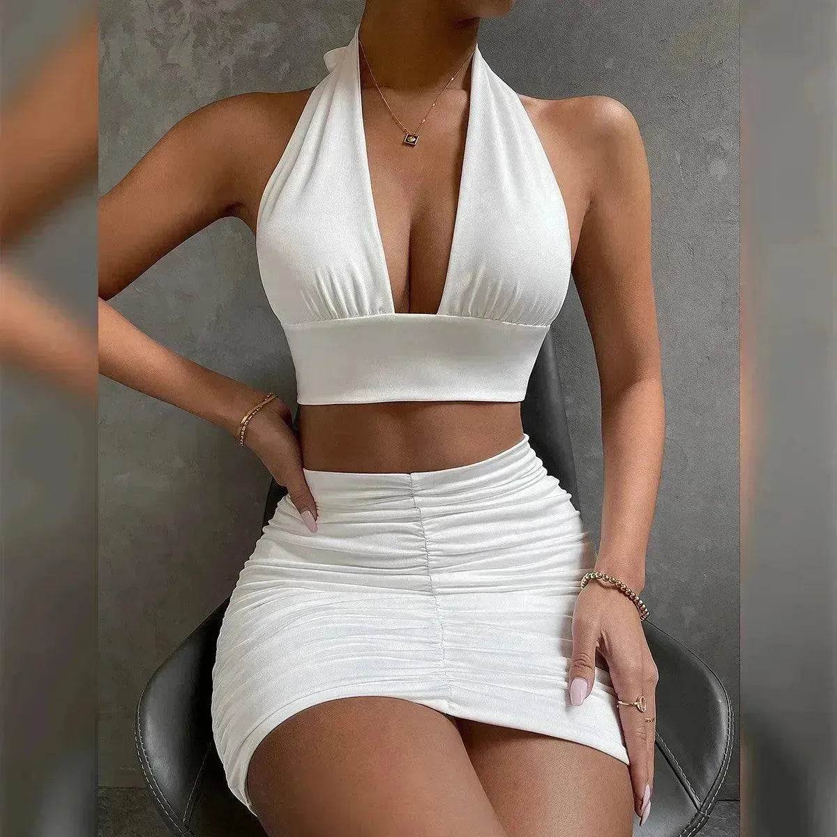 2pcs Dress Suits For Women Halter Lace-up Hip Top And Pleated Hip-covering Skirt - Velora