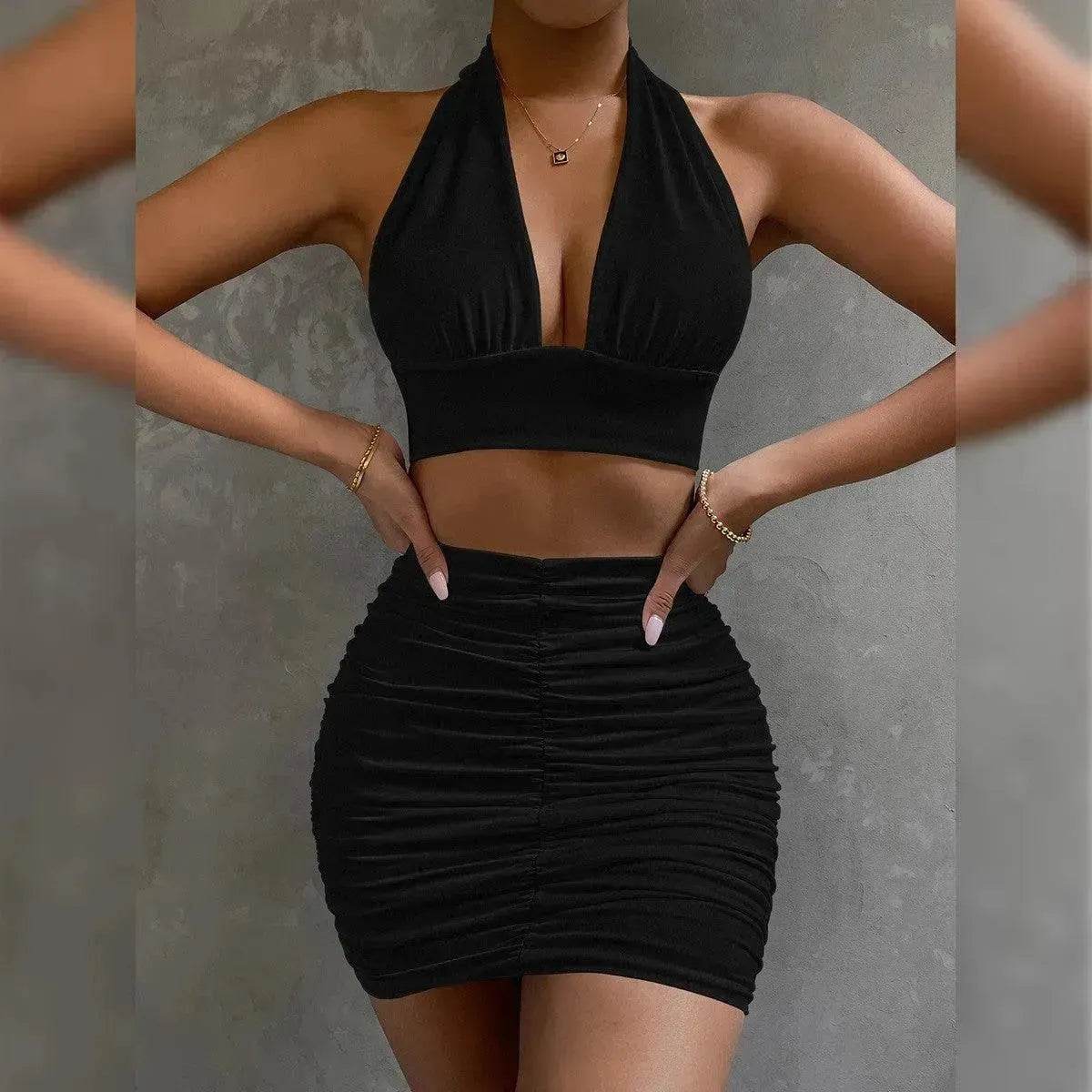 2pcs Dress Suits For Women Halter Lace-up Hip Top And Pleated Hip-covering Skirt - Velora