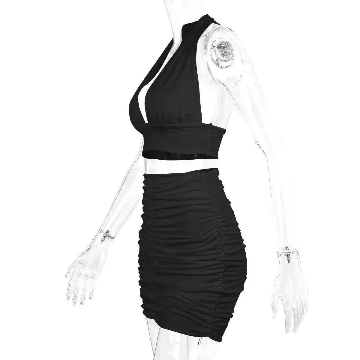 2pcs Dress Suits For Women Halter Lace-up Hip Top And Pleated Hip-covering Skirt - Velora
