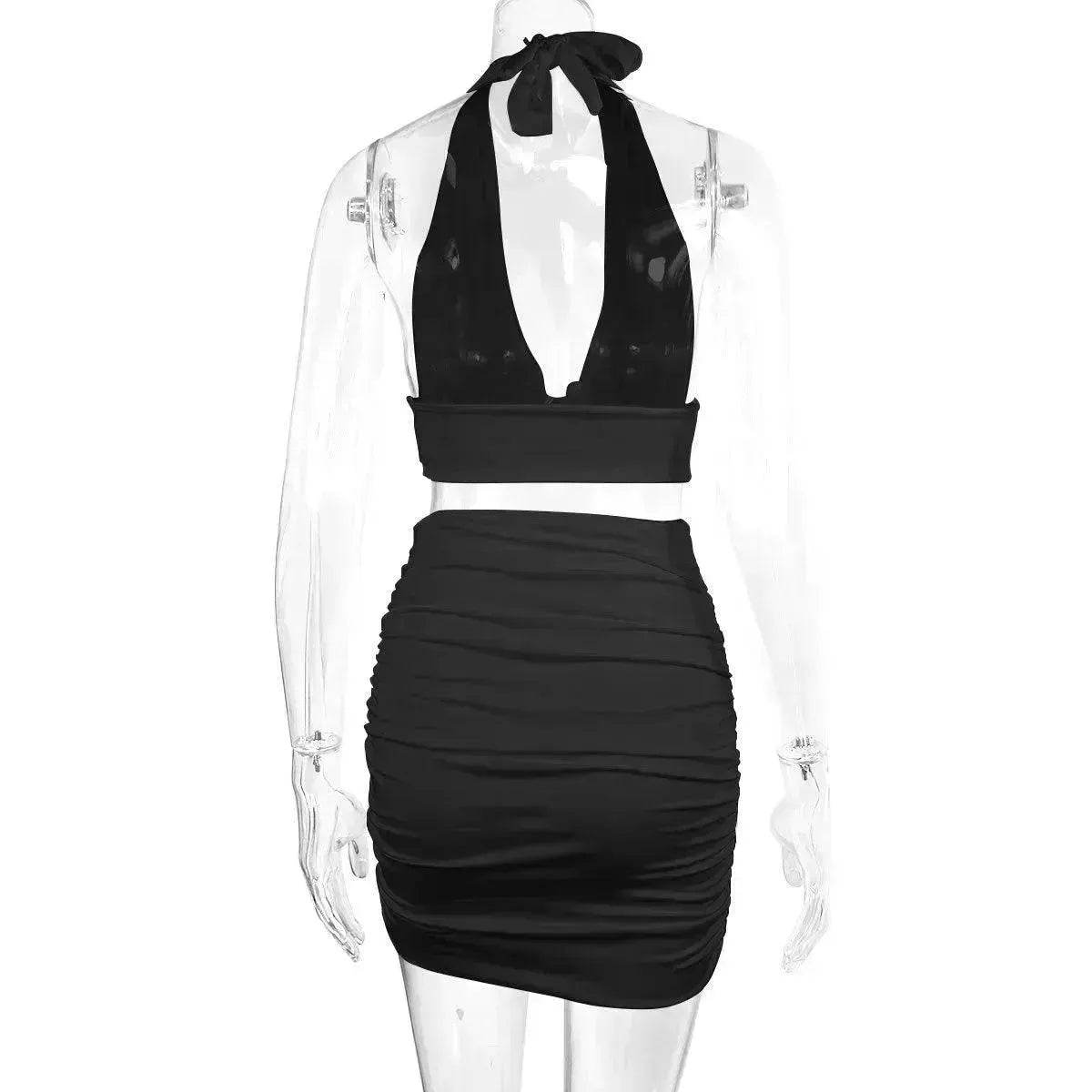 2pcs Dress Suits For Women Halter Lace-up Hip Top And Pleated Hip-covering Skirt - Velora