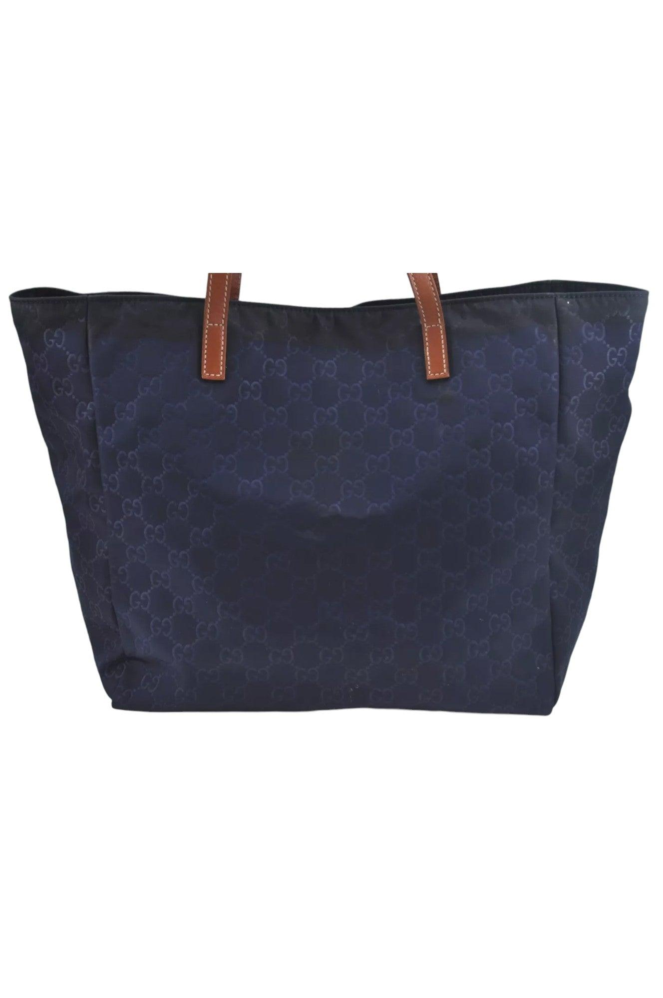 GUCCI Vintage Hand Tote Bag GG Nylon Leather Navy Blue L0937 - Velora
