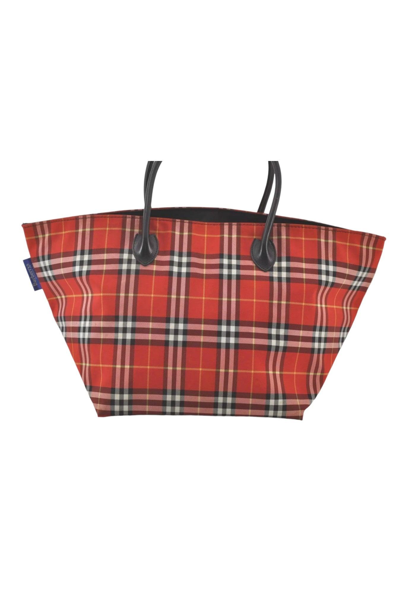 Burberry BLUE LABEL Check Shoulder Tote Bag Nylon Leather Red 9373K - Velora