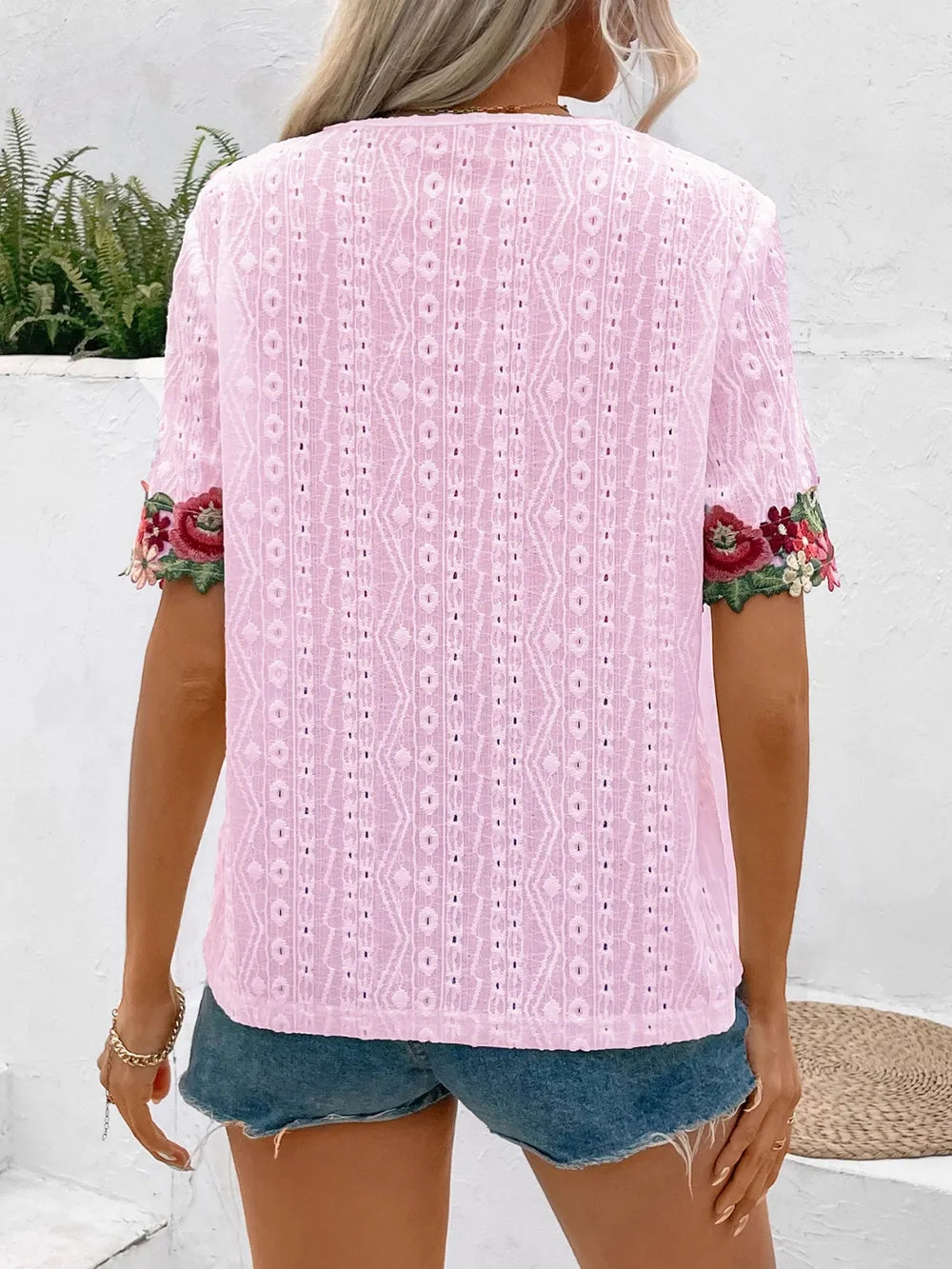 Ivy Lane Eyelet Embroidered V-Neck Short Sleeve Blouse - Velora