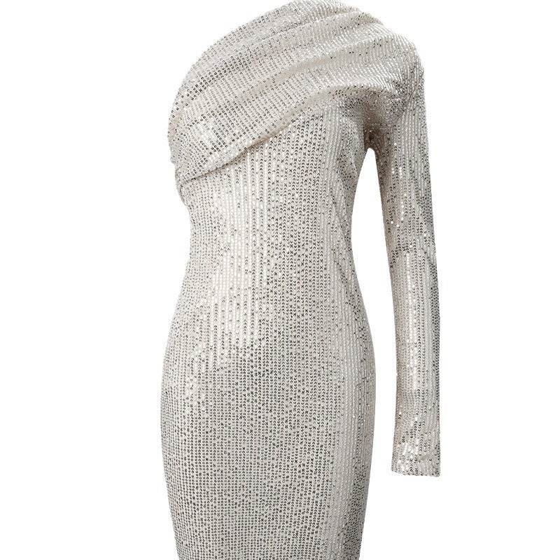 Silver One Shoulder Sequin Formal Dress - Velora