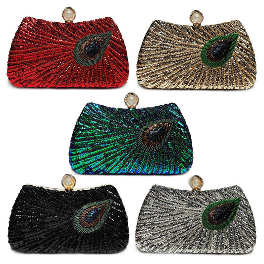 Beaded Peacock Feather Large Pearl Rhinestone Large Capacity Crossbody Shoulder Bag - Velora