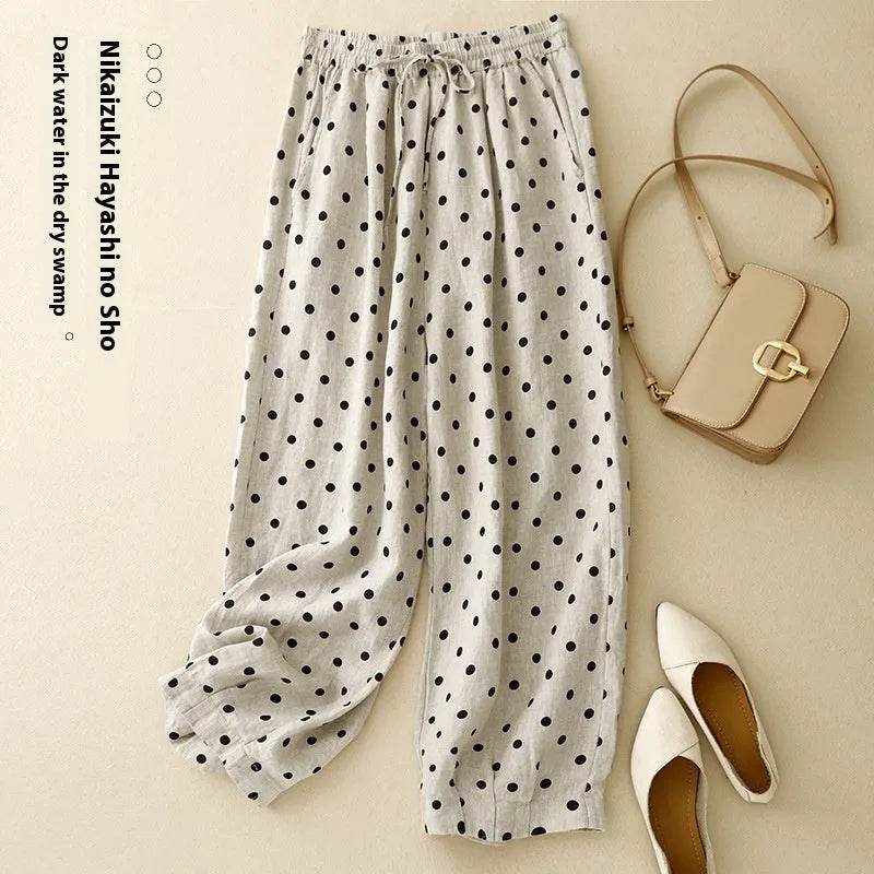 Cotton Hemp Polka Dots Tied Elastic Waist Harem wide leg trouser Pants For Women - Velora