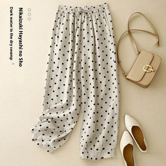 Cotton Hemp Polka Dots Tied Elastic Waist Harem wide leg trouser Pants For Women - Velora