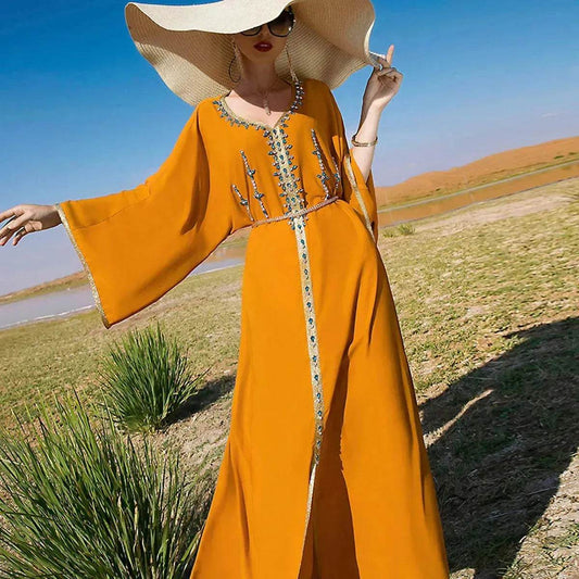 Luxury Hand-stitched Diamond Sleeve Dress Middle East Dubai Abaya Dress Fancy Summer Abaya Turkey Embellished Abaya dress - Velora