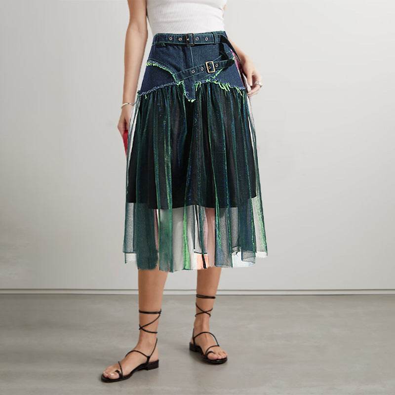Denim Midi Skirt A Line Mid Length Street Style - Velora