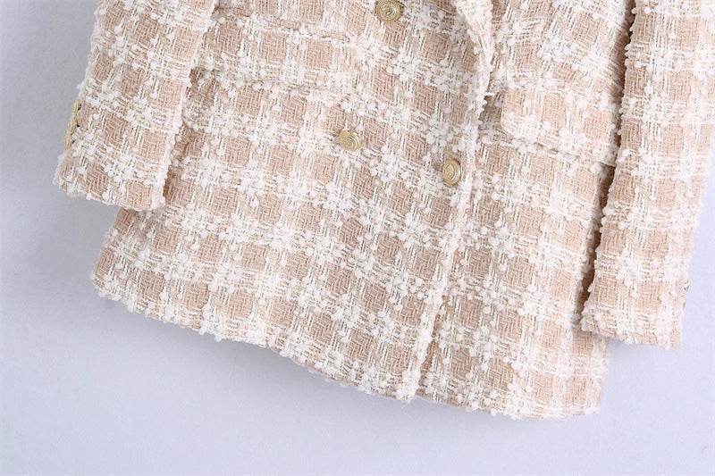 Elegant Luxury Lapel Long Sleeved Double Breasted Check tweed Blazer Women - Velora