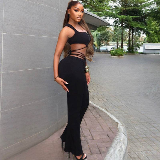 Women's Black Sleeveless Top High Waist Suit - Velora