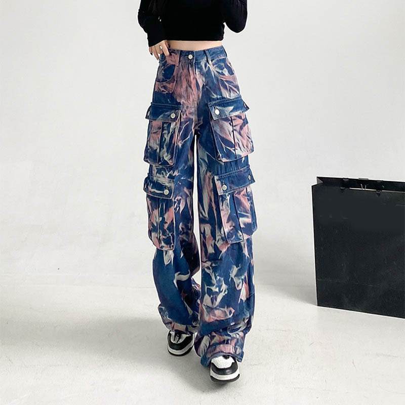 New Tie-dye Baggy CargoTrousers With Pockets Y2K Fashion High Waist Loose Wide Leg Pants Spring And Autumn - Velora